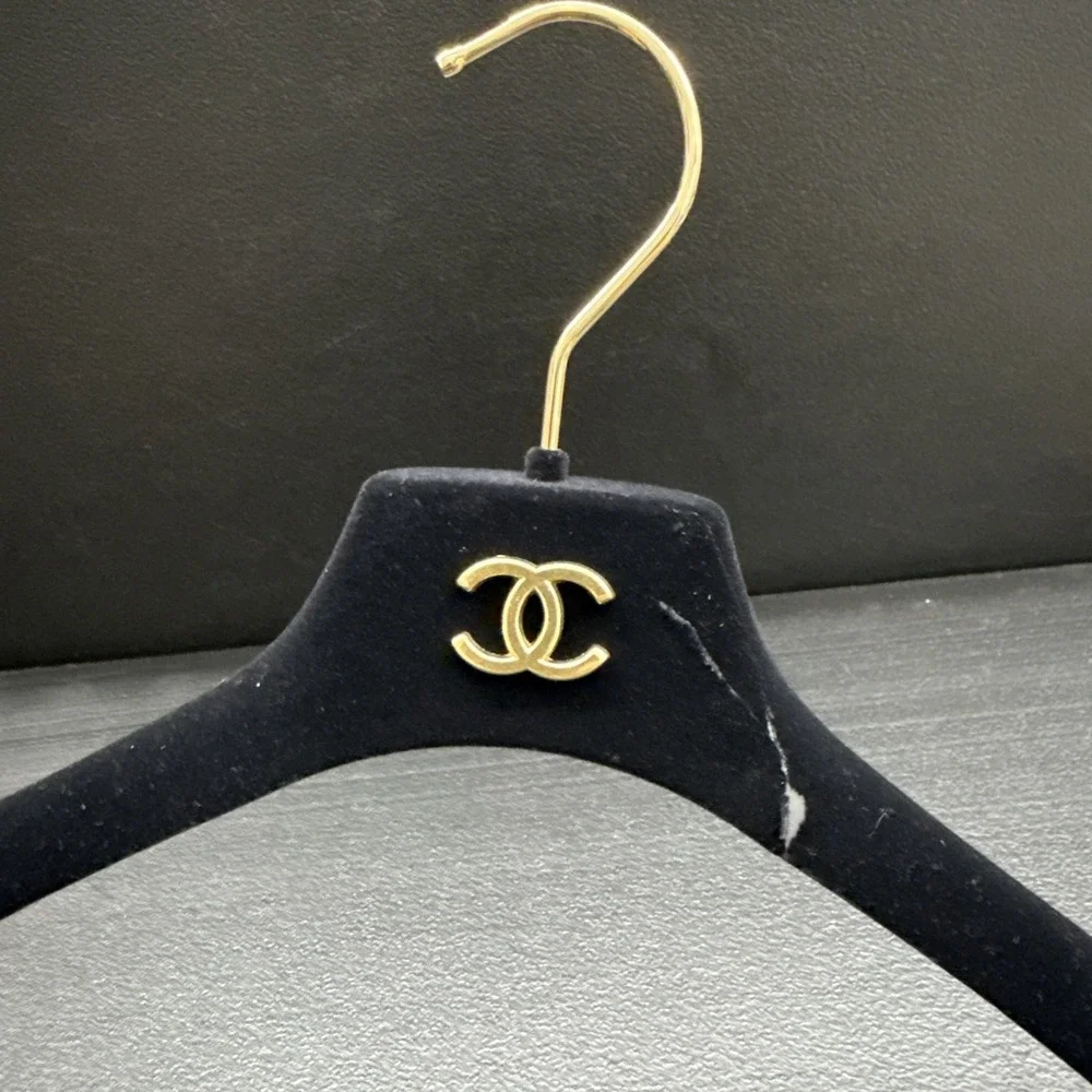 BROKEN Chanel Black Velvet Plastic Hanger Gold Logo Authentic,